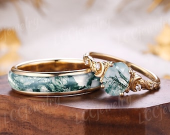 Couple Rings Nature Inspired Moss Agate Engagement Ring Yellow Gold Unique Moon  Design Wedding Band Anniversary Rings For Women and Men