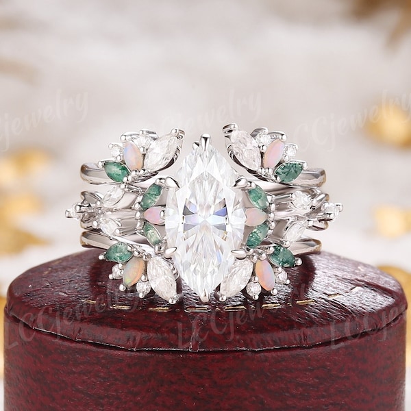 Unique Moissanite Wedding Ring Set White Gold Rainbow Opal Engagement Ring Diamond Leaf Curved Wedding Band Moss Agate Promise Rings For Her