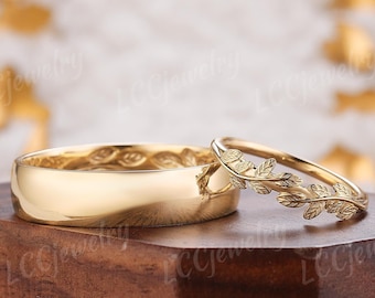 Nature Inspired Leaf Design ,Couple Rings, 2pcs Nature Inspired Wedding Ring Set, Yellow Gold Wedding Band,  Promise Rings For Men And Women