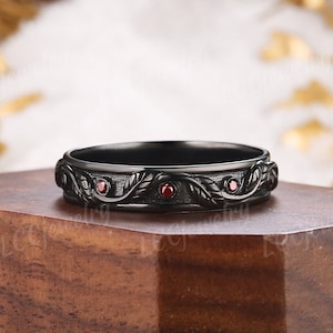 Vintage Ruby Mens Wedding Band Black Gold Nature Inspired Leaf Design Wedding Ring Gothic Stacking Matching Anniversary Rings For Men