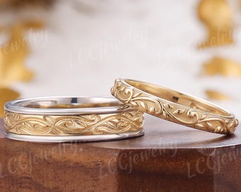 レ*ス様 アンティークリング/ヴィンテージリング/14k ヴィンテージ 手彫り 結婚指輪 セット - 14K イエローゴールド リーフ