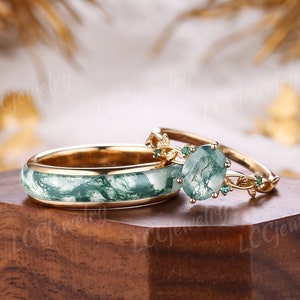 2pcs Moss Agate Couple Rings Set Rose Gold Emerald Cluster Engagement Ring Leaf Design Mens Wedding Band Custom Ring Set For Men And Women