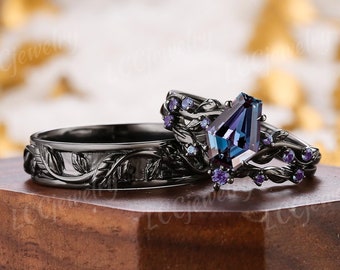 3pc Black Gold Couple Rings Coffin Cut Alexandrite Engagement Ring
