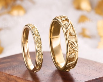 Conjunto de anillos de pareja de hojas de 2 piezas para hombres y mujeres, alianza de bodas para hombres, conjunto de anillos de compromiso de hojas naturales, conjunto de anillos de bodas, conjunto nupcial de oro amarillo