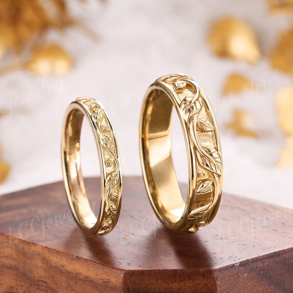 2pcs Leaf Couple Rings Set For Men and Women, men wedding band, Natural Leaf engagement ring set, wedding ring set, Yellow Gold bridal set