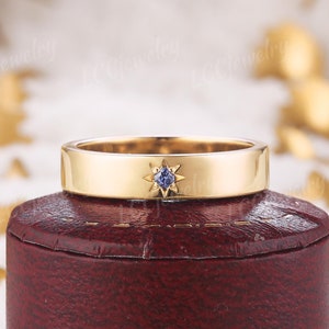 Vintage Sapphire Mens Wedding Band Yellow Gold Star Design Wedding Ring Sapphire Matching Custom Jewelry Anniversary Rings For Men