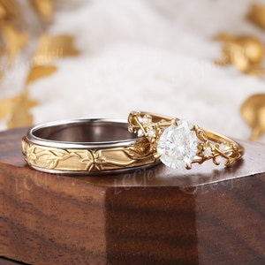 2pcs Nature Inspired Couple Rings Set Moissanite Leaf Floral Engagement Ring Mens Wedding Band Gold Wedding Ring Set Rings For Men and Women
