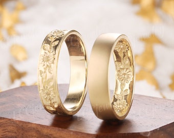 Nature Inspired Sunflower Leaf Design Couple Rings 2pcs Yellow Gold Straight Wedding Band Custom Promise Anniversary Rings For Men And Women