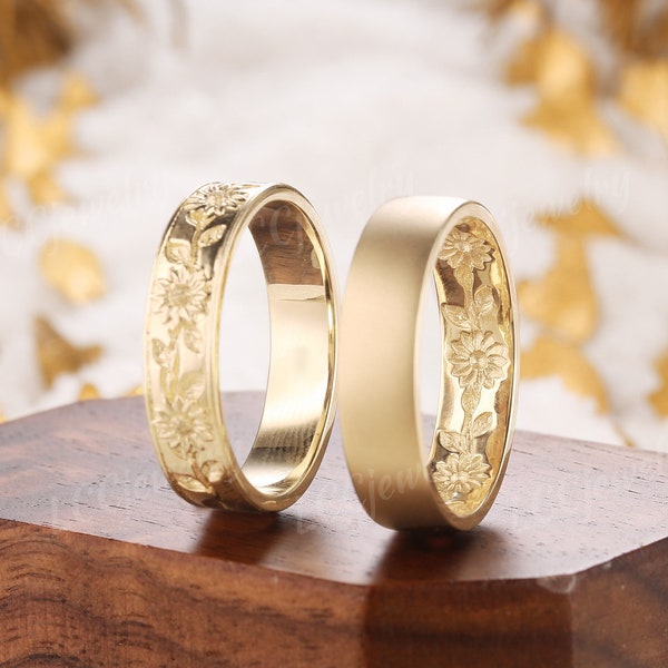 Nature Inspired Sunflower Leaf Design Couple Rings 2pcs Yellow Gold Straight Wedding Band Custom Promise Anniversary Rings For Men And Women