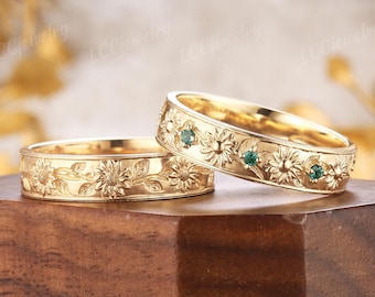 Nature Inspired Couple Rings Yellow Gold Sunflower Design Emerald