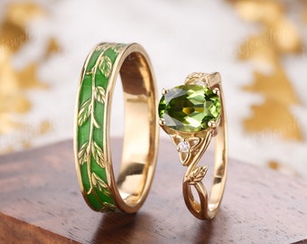 Vintage 2pcs Couple Rings Set Oval Cut Peridot Engagement Ring Yellow Gold Leaf Green Enamel Wedding Band Promise Rings For Men And Women
