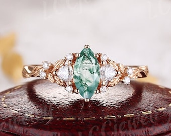 Unique Marquise Cut Moss Agate Engagement Ring Rose Gold Moissanite Wedding Band Nature Inspired Leaf Floral Diamond Promise Rings For Women