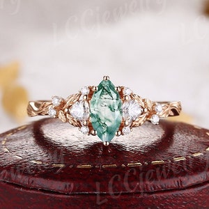 Unique Marquise Cut Moss Agate Engagement Ring Rose Gold Moissanite Wedding Band Nature Inspired Leaf Floral Diamond Promise Rings For Women