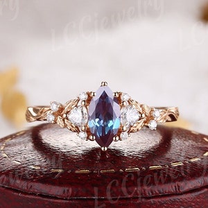 Unique Marquise Cut Alexandrite Engagement Ring Rose Gold Leaf Floral Moissanite Cluster Wedding Band Promise Custom Bridal Rings For Women
