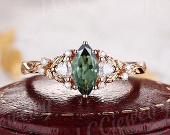 Marquise Cut Green Sapphire Engagement Ring Rose Gold Leaf Floral Moissanite Cluster Wedding Band Promise Custom Bridal Rings For Women