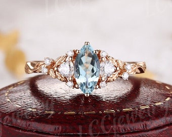 Vintage Marquise Cut Aquamarin Verlobungsring Rose Gold Natur Inspiriert Blatt Design Ehering Handgemachter Schmuck Ringe für Frauen