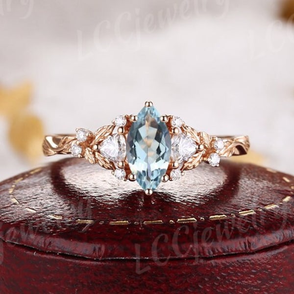 Vintage Marquise Cut Aquamarine Engagement Ring Rose Gold Nature Inspired Leaf Design Wedding Ring Handmade Jewelry Rings For Women