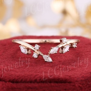 Dainty Marquise Diamond Leaf Wedding Band Moissanite Curved Wedding Band Rose Gold Nature Inspired Stacking Rings For Women