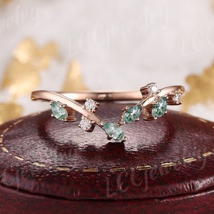 Unique Moss Agate Wedding Band Curved Moissanite Wedding Band Leaf Floral Rose Gold Bridal Band Branch Ring Stacking Matching Ring For Women