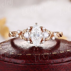 Marquise Moissanite woodland Engagement Ring Vintage Rose Gold Nature Inspired Leaf Design Wedding Ring Handmade Jewelry gift For Her