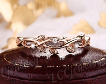 Vintage diamond leaf wedding band rose gold stacking ring dainty twig Moissanite wedding ring Anniversary rings for women graduation gifts