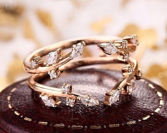 Moissanite Leaf Floral Wedding Band Ring Enhancers And Wraps Unique Rose Gold Diamond Stacking Matching Rings For Women Handmake Jewelry