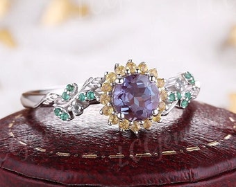 Natural Inspired Round Cut Alexandrite Floral Engagement Ring Sunflower Design Emerald Wedding Ring Handmake Anniversary Rings for Women