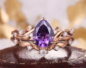 Vintage Purple Sapphire Leaf Wedding Ring Set Rose Gold
