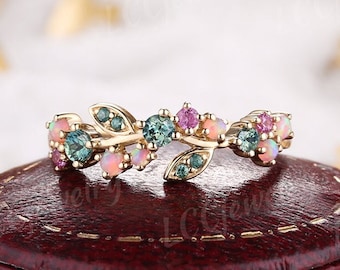 Unique teal Sapphire Floral Engagement Ring Pink Opal Leaf Wedding Band Purple Sapphire Weeding Ring Anniversary Custom Rings For Women