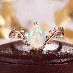 Unique Opal Floral Engagement Ring Pear Cut Moissanite Curved Wedding Ring Art Deco Leaf Ring Rose Gold Natural Opal Promise Rings For Women