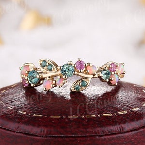 Anillo de compromiso floral de zafiro verde azulado único, anillo de boda con hoja de ópalo rosa, anillo de boda de zafiro morado, anillos personalizados de aniversario para mujeres