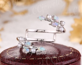 Marquise Opal Ring Enhancer And Wraps White Gold Pearl Enhancer Wedding Band Vintage Leaf Floral Matching Rings Anniversary Rings For Women
