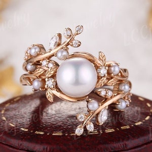 Vintage Akoya Perle Verlobungsring Set Rose Gold Ehering Perle Blatt Geschwungene Ehering Handmake Versprechen Ringe Für Frauen geschenke für Mutter