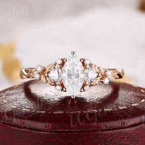 Marquise Moissanite woodland Engagement Ring Vintage Rose Gold Nature Inspired Leaf Design Wedding Ring Handmade Jewelry gift For Her