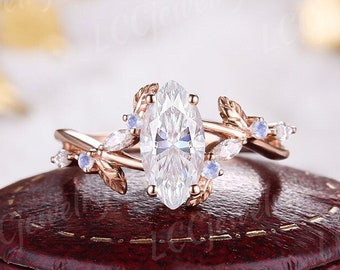 Vintage Marquise Moissanite Floral Engagement Ring Unique Rose Gold Leaf Moonstone Wedding Ring Custom Promise Anniversary Ring For Women