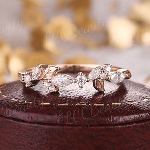 Unique Leaf Wedding Band Moissanite Floral Matching Rings Vintage Diamond Wedding Band Rose Gold Nature Inspired Handmake Rings For Women