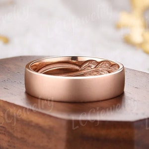 Vintage Rose Gold Mens Wedding Band Unique Nature Inspired Leaf  Wedding Ring Stacking Matching Couple Rings Promise Gift