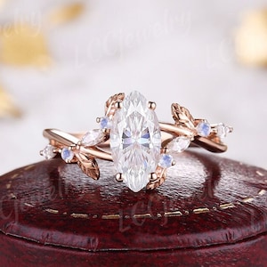 Vintage Marquise Moissanite Floral Engagement Ring Unique Rose Gold Leaf Moonstone Wedding Ring Custom Promise Anniversary Ring For Women