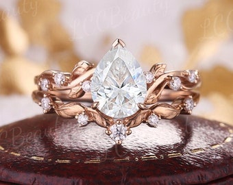Natural Inspired Moissanite Leaf Wedding Ring Set Rose Gold Floral Engagement Ring Set Curved Diamond Wedding Band Promise Rings For Women