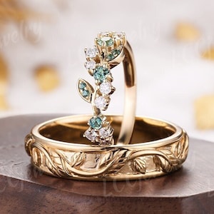 2 stuks blad paar ringen set voor mannen en vrouwen, mannen trouwring, groene saffier bloemen verlovingsring, trouwring set, handgemaakte sieraden