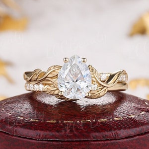 Unique Pear Cut Moissanite Engagement Ring Set Yellow Gold Art Deco Leaf  Moissanite Wedding Band Promise Custom Ring Set Rings For Women