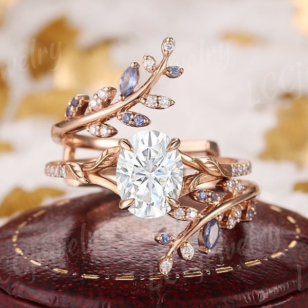Unieke Moissanite Woodland Fairy verlovingsring set roségouden Moissaniet trouwring saffier gebogen trouwring ringen voor vrouwen