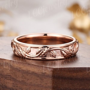 Anillos vintage de oro rosa para hombre, alianza de boda con hojas de inspiración natural, anillos apilables a juego para pareja, regalo de aniversario para él.