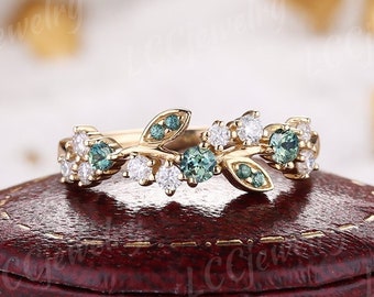 Unique Green Sapphire Wedding Band Nature Inspired Leaf Floral Diamond Bridal Band Yellow Gold Stacking Matching Rings For Women Custom Gift