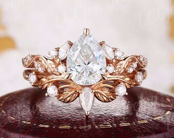 Unique Pear Cut Moissanite Wedding Ring Set Vintage Rose Gold Moissanite Engagement Rings Diamond Leaf Wedding Band Promise Rings For Women