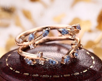 Vintage Alexandrite Leaf Double Curved Wedding Band Unique Ring Enhancer and Wraps Color Change Gemstone Rose Gold Bridal Ring For Women