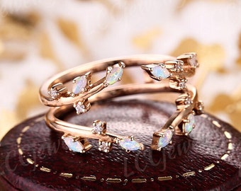 Vintage Opal Leaf Wedding Band Rose Gold Marquise Opal Ring Enhancer And Wraps Unique Floral Double Wedding Band Matching Rings For Women