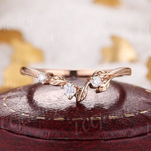 Vintage Moissanitblad Böjd Vigselring Diamant Stapelring Matchande Ring Roséguld Naturinspirerad Vigselring Löfteringar För Kvinnor