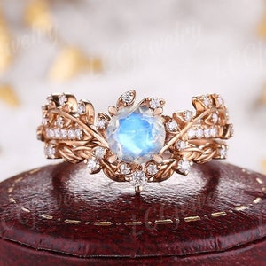 Unique Round Moonstone Sunflower Engagement Ring Set Rose Gold Moissanite Leaf Curved Wedding Band Promise Custom Bridal Rings For Women