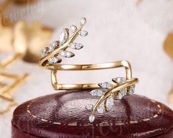 Unique Diamond Ring Enhancers and wraps Leaf Floral Wedding Band Vintage Rose Gold Moissanite Stackable Rings Promise Bridal Rings For Women